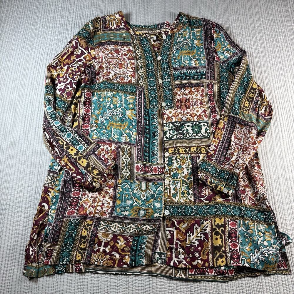 J Jill Tunic Top Womens L Patchwork Slits Boho Peasant Cottagecore Eclectic